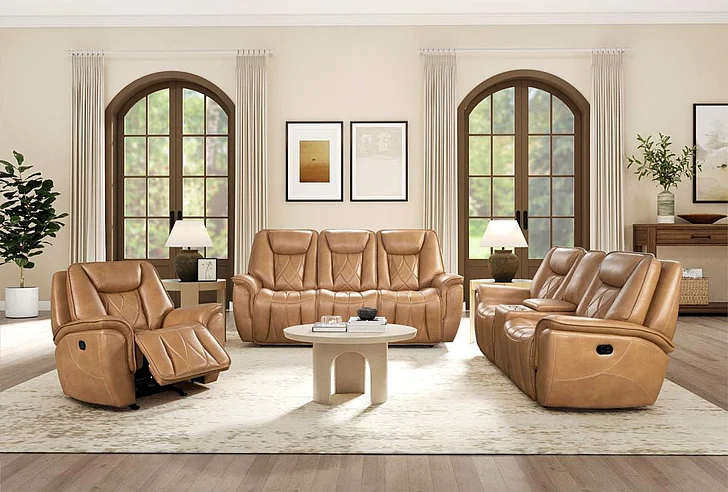 Corinthian Jordan 2pc Reclining Sofa Living Room Set w/ Dropdown Table in Montana-Camel