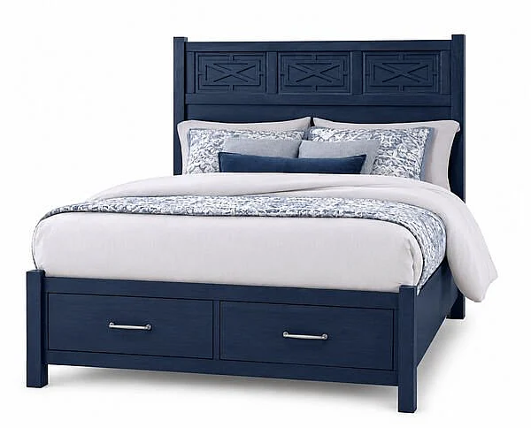 Vaughan-Bassett Queen Fretwork Bed with Storage Footboard in Luxe Blue Oak 833-557-050B-502-555T