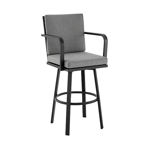 Armen Living Don 30 In. Outdoor Swivel Bar Stool in Black with Gray Cushions 840254332485 PROMO