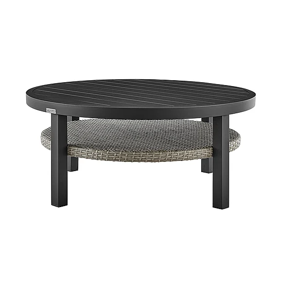 Armen Living Palma Outdoor Round Coffee Table in Black with Gray Wicker Shelf LCODPACOBLKDGRY