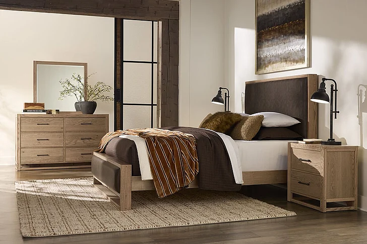 Vaughan-Bassett Lodge & Loft 2pc Sedona Brown Upholstered Bedroom Set in Blond Oak 842