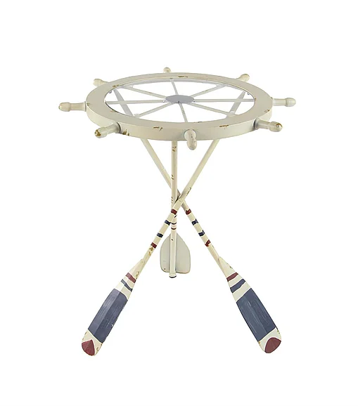 UMA White Metal Ship Wheel Ship Wheel Top Side End Accent Table with Oar Shaped Legs, 23 x 23 x 24 | 84224
