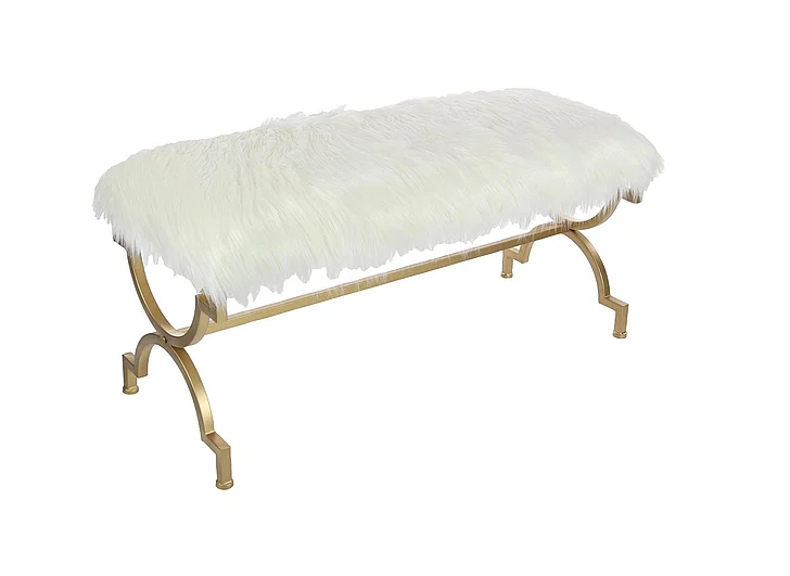 UMA Gold Metal Home Bench with White Faux Fur Top, 42 x 17 x 20 | 84283