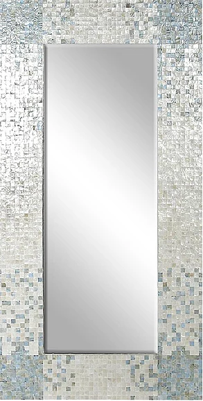 UMA Cream Mother of Pearl Shell Handmade Mosaic Room Wall Mirror with Blue Corners, 36" x 1" x 70" | 84417