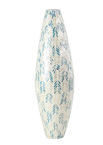 UMA Cream Mother of Pearl Shell Handmade Tall Mosaic Decorative Vase with Blue Accents, 10 x 10 x 33 | 84418