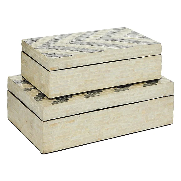 UMA Cream Mother of Pearl Shell Handmade Chevron Pattern Decorative Box with Hinged Lid, Set of 2 14, 12W | 84443 CLOSEOUT