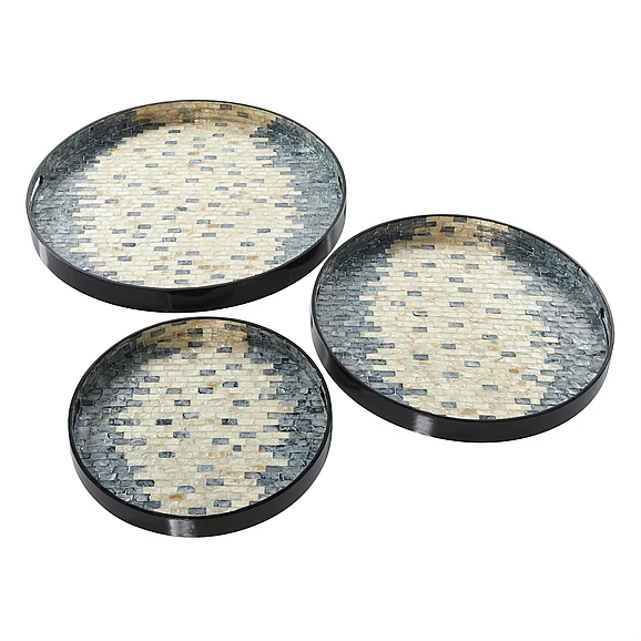 UMA Blue Mother of Pearl Shell Handmade Living Room Decor Tray with Slot Handles, Set of 3 24, 20, 16W | 84444