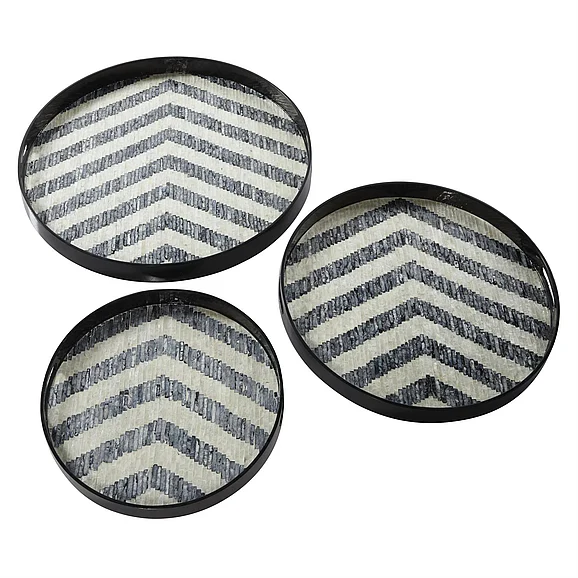 UMA Black Mother of Pearl Shell Handmade Chevron Living Room Decor Tray with Slot Handles, Set of 3 24, 20, 16W | 84445 CLOSEOUT