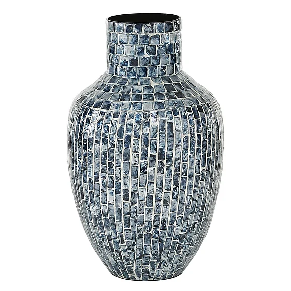 UMA Blue Mother of Pearl Shell Handmade Decorative Vase, 9" x 9" x 16" | 84458