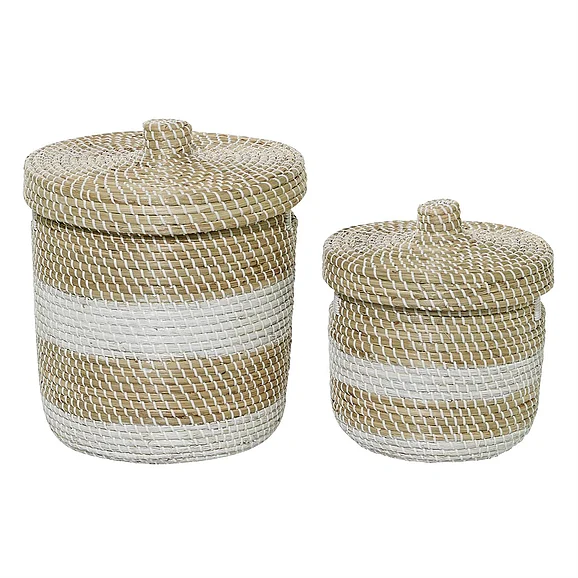 UMA Brown Seagrass Handmade Woven Two-Toned White Decorative and Functional Storage Basket with Linear Pattern and Matching Lids, Set of 2 13, 17H | 84465
