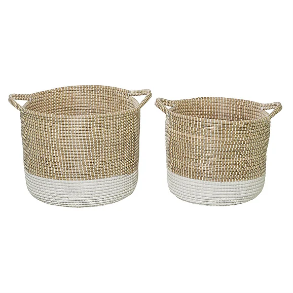 UMA White Seagrass Handmade Two Toned Decorative and Functional Storage Basket with Handles, (Set of 2) 18, 20W | 84466