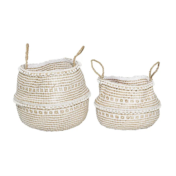 UMA Brown Seagrass Handmade Patterned Decorative and Functional Storage Basket with Handles, (Set of 2) 17, 14H | 84472