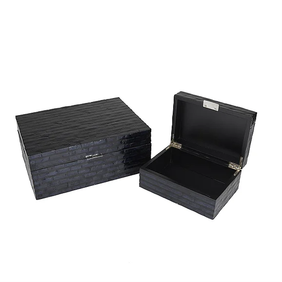 UMA Black Mother of Pearl Shell Handmade Decorative Box with Hinged Lid, Set of 2 12, 8W | 84491