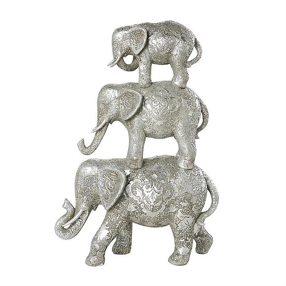 UMA Silver Polystone Elephant Engraved Floral Stacked Decorative Sculpture, 4" x 4" x 18" | 84931 CLOSEOUT