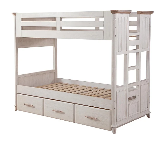 American Woodcrafters Beach Comber Twin Bunkbed With Trundle Unit - Weathered White - Sand Top 8510-33BBT