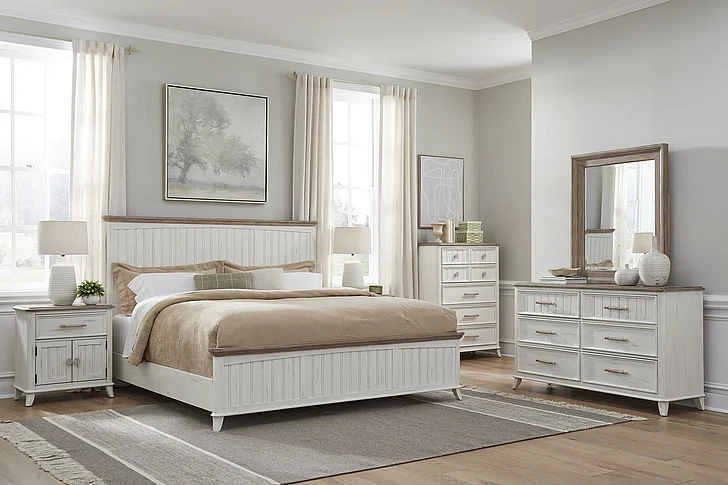 American Woodcrafters Beach Comber 2pc Panel Bedroom Set in Weathered White - Sand Top