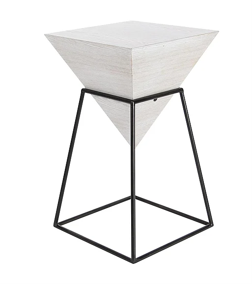 UMA White Wood Geometric Inverted Pyramid Side End Accent Table with Black Metal Stand, 14" x 14" x 24" | 85246