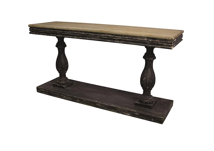 UMA Black Wood Distressed Living Room Console Table with Brown Wood Top, 59 x 18 x 31 | 85441