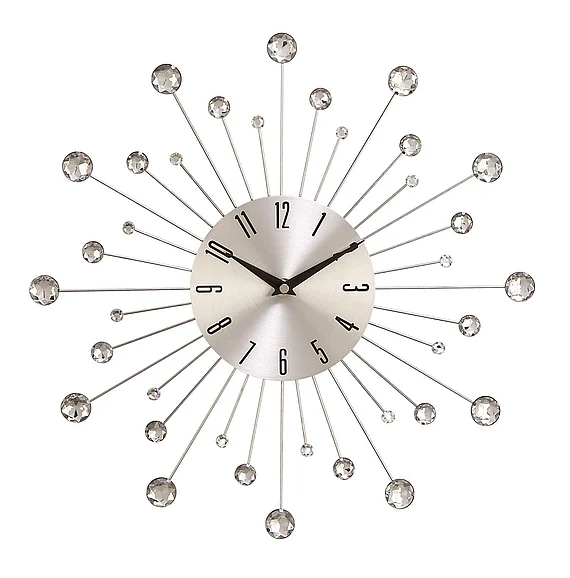 UMA Silver Metal Starburst Decorative Wall Clock with Crystal Accents, 15 x 2 x 15 | 85516