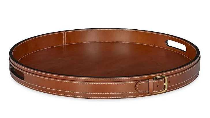 Maitland Smith Leather Buckle Tray in Cognac Brown 8552-25