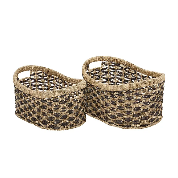 UMA Brown Seagrass Handmade Two Toned Decorative and Functional Storage Basket with Handles, (Set of 2) 10, 9H | 85551