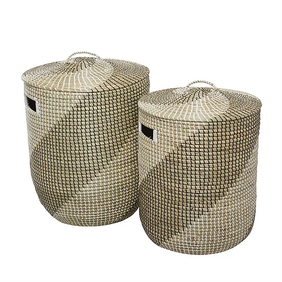 UMA Brown Seagrass Handmade Two Toned Decorative and Functional Storage Basket with Matching Lids, Set of 2 24, 22H | 85554