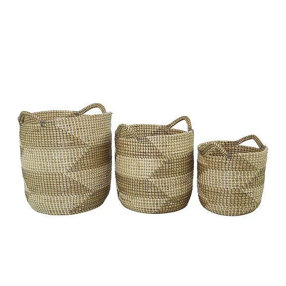 UMA CosmoLiving by Cosmopolitan Brown Seagrass Handmade Two Toned Storage Basket with Handles, Set of 3 19, 16, 13H | 85561 CLOSEOUT