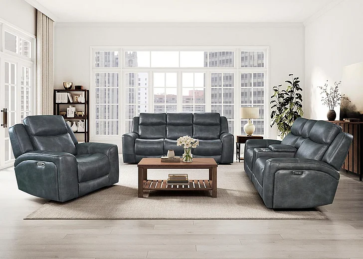 Corinthian Furniture George 2pc Power Headrest Sofa Living Room Set w/ Dropdown Table in Montana-Slate