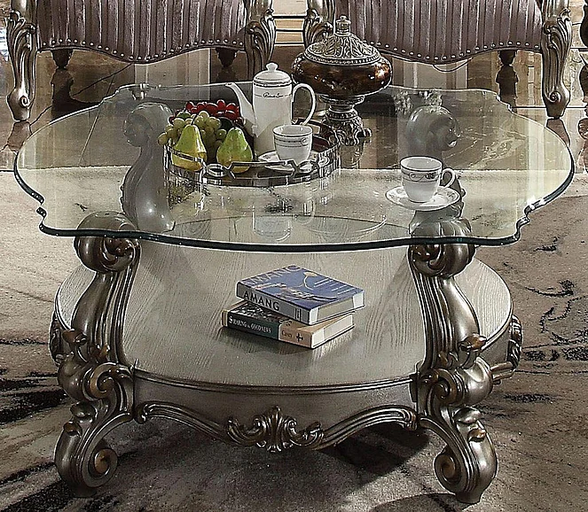 Acme Versailles Coffee Table in Antique Platinum & Clear Glass 86845