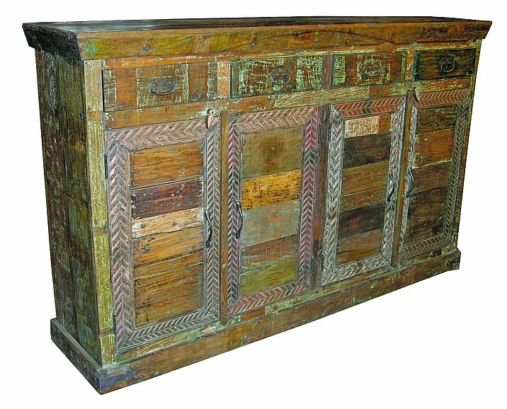Moti Furniture Trinidad 4-Drawer 4-Door Tall Sideboard in Brown and Multi