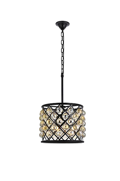 Elegant Madison 4 Light Matte Black Pendant Golden Teak (Smoky) Royal Cut Crystal 1206D14MB-GT/RC