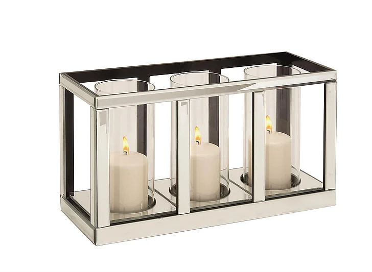 UMA Silver Glass Pillar 3 Glass Sleeve Candelabra with Mirrored Accents, 18" x 7" x 10" | 87239 CLOSEOUT