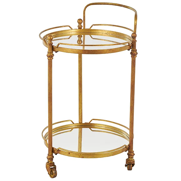 UMA Brass Metal Rolling 2 Mirrored Shelves Bar Cart with Wheels and Handle, 19 x 18 x 31 | 87439
