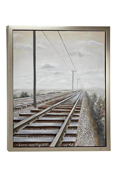 UMA Gray Canvas Landscape Railroad Track Living Room Framed Wall Art with Silver Frame, 44 x 2 x 53 | 87792