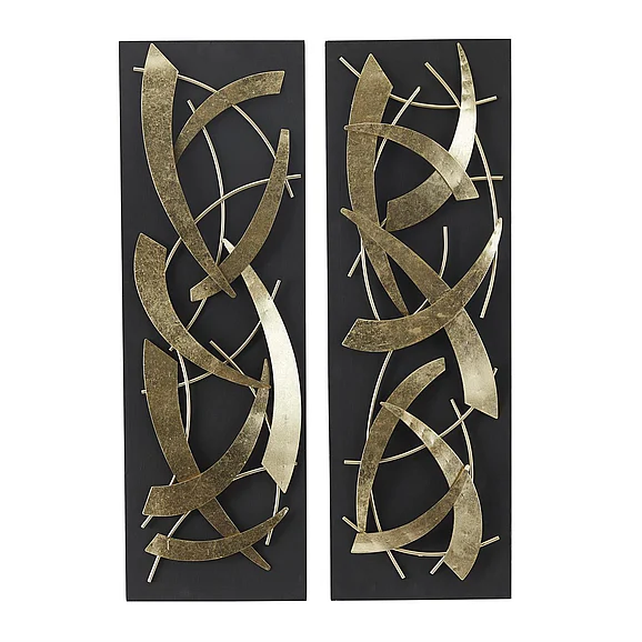 UMA Gold Metal Abstract Dimensional Home Wall Decor with Black Backing, (Set of 2) 12W, 36H | 87844