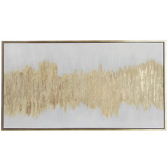 UMA CosmoLiving by Cosmopolitan Gold Canvas Abstract Long Horizontal Living Room Framed Wall Art with Glitter Flakes and Cream Backing, 65 x 2 x 36 | 87855
