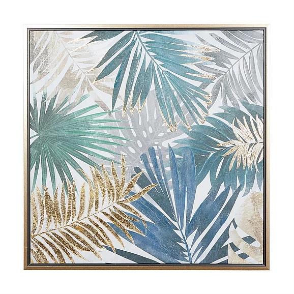 UMA Blue Canvas Leaf Tropical Living Room Framed Wall Art with Gold Frame, 32" x 1" x 32" | 87888