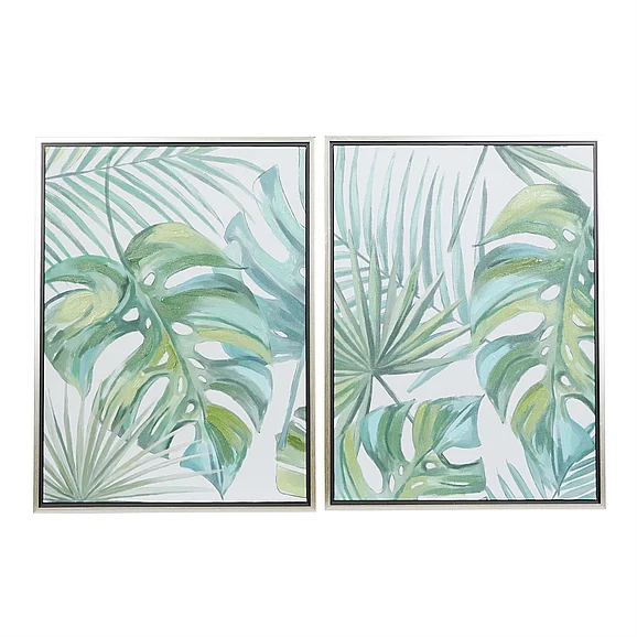 UMA CosmoLiving by Cosmopolitan Green Canvas Leaf Tropical Living Room Framed Wall Art with Silver Frame, Set of 2 24W, 32H | 87896