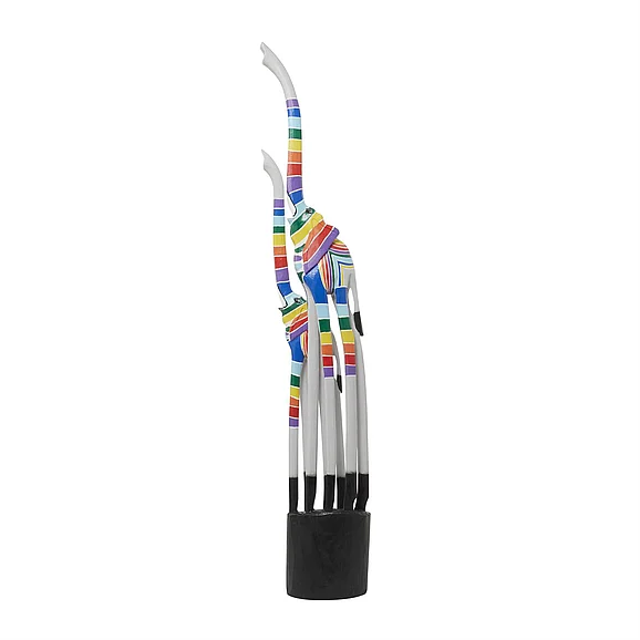 UMA Multi Colored Wood Giraffe Handmade Striped Sculpture with Black Pedestal Base, 9" x 4" x 60" | 88625 CLOSEOUT
