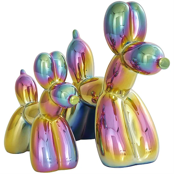 UMA Multi Colored Ceramic Dog Balloon Decorative Sculpture with Rainbow Shimmer Finish, (Set of 2) 9, 7H | 89096