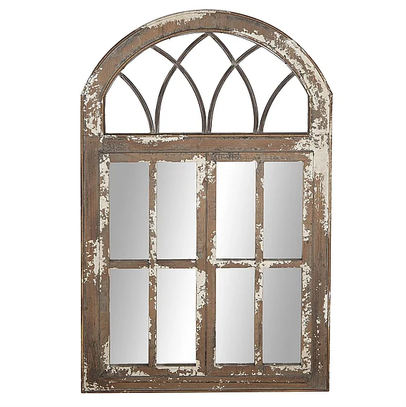 UMA Brown Wood Arched Window Pane Room Wall Mirror with Cream Distressing and Metal Details, 30" x 2" x 48" | 89366