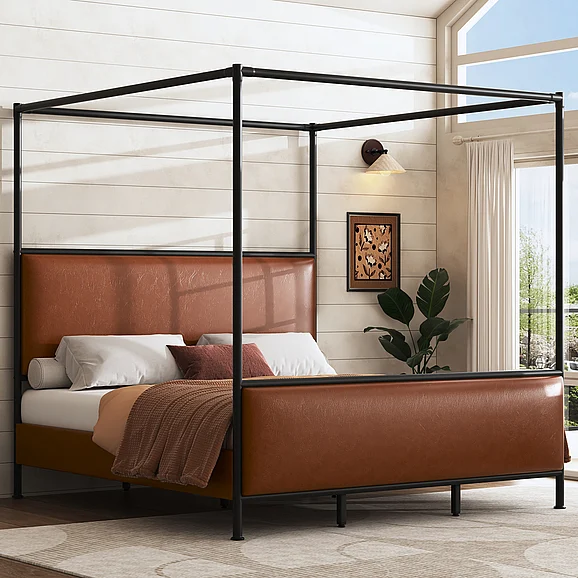 King Size Canopy Bed Frame with PU Upholstered Headboard, Iron Legs, Brown