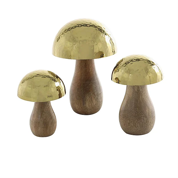 UMA Gold Stainless Steel Metal Mushroom Handmade Hammered Decorative Sculpture with Brown Mango Wood Bases, Set of 3 9, 7, 6H | 89482 CLOSEOUT