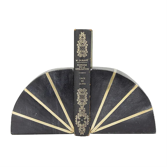 UMA CosmoLiving by Cosmopolitan Black Marble Geometric 9 lbs Decorative Bookends with Gold Inlay, Set of 2 5W, 5H | 89582
