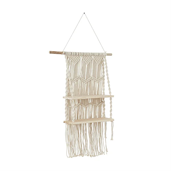 UMA White Cotton Fabric Macrame Handmade 2 Shelves Wall Shelf, 25" x 6" x 49" | 89620 CLOSEOUT