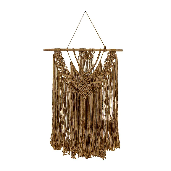 UMA Brown Fabric Macrame Handmade Intricately Weaved Wall Decor with Beaded Fringe Tassels, 27" x 1" x 49" | 89624 CLOSEOUT