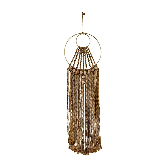 UMA Brown Cotton Fabric Macrame Handmade Intricately Weaved Home Wall Decor with Beaded Fringe Tassels, 10" x 1" x 38" | 89628 CLOSEOUT