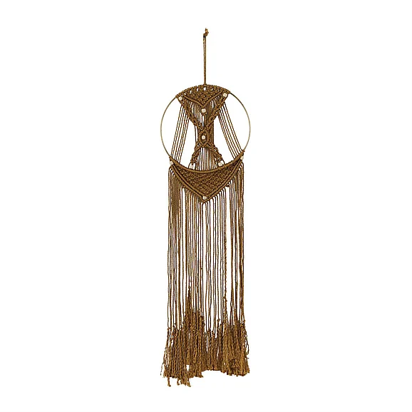 UMA Brown Fabric Macrame Handmade Intricately Weaved Home Wall Decor with Beaded Fringe Tassels, 10" x 1" x 39" | 89632 CLOSEOUT