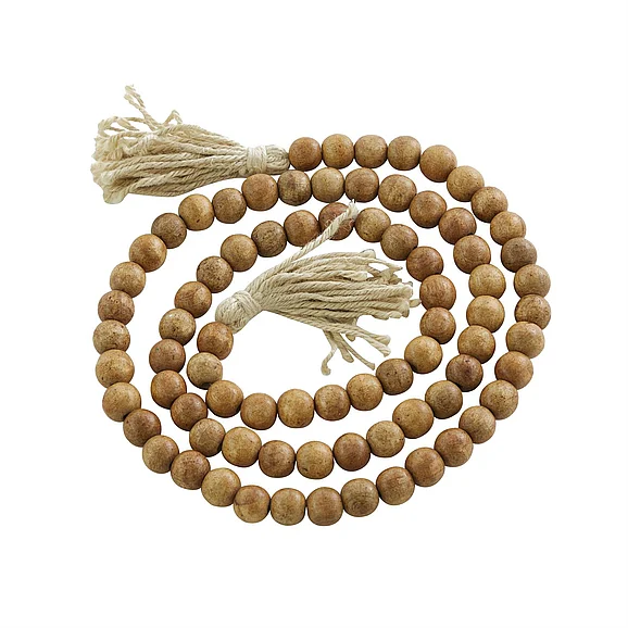 UMA Brown Mango Wood Handmade Round Long Carved Beaded Garland with Tassel, 80" x 1" x 1" | 89641