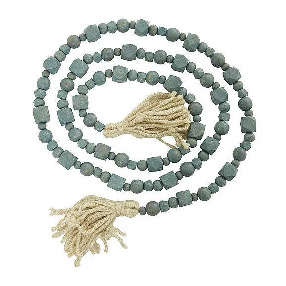 UMA Blue Mango Wood Handmade Hexagon Carved Geometric Long Beaded Garland with Tassel, 80 x 1 x 1 | 89646